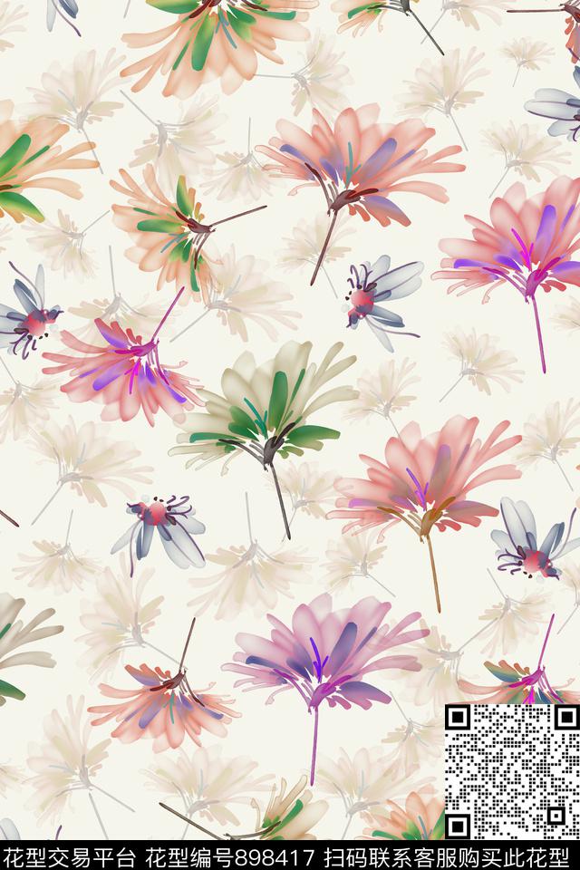 花卉手绘花卉菊花数码印花华亿平台下载（图片编号: 898417） - 瓦栏（Walan）