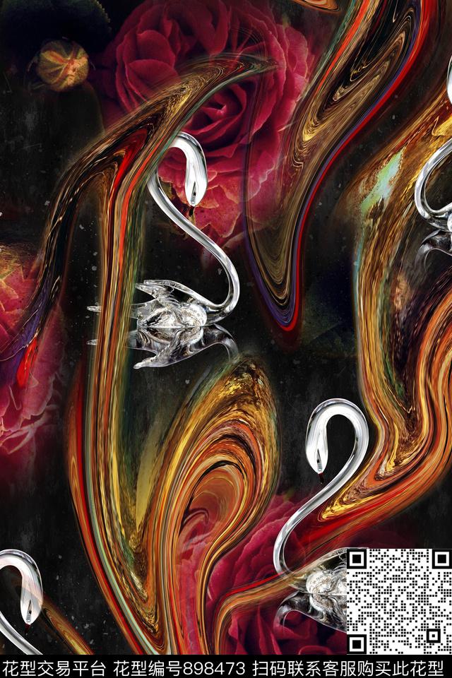 抽象肌理天鹅数码印花华亿平台下载（图片编号: 898473） - 瓦栏（Walan）