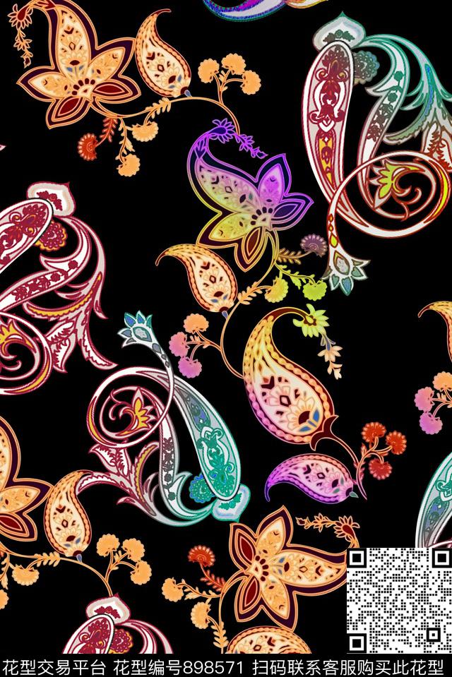 佩斯利炫彩清爽底色花数码印花华亿平台下载（图片编号: 898571） - 瓦栏（Walan）
