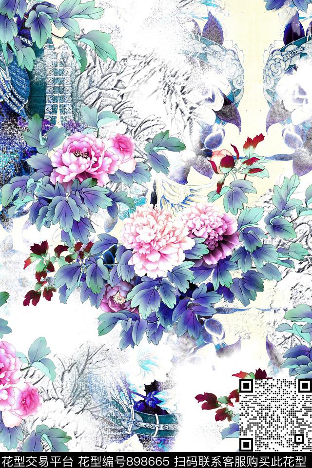 数码华亿平台满版散花中国风数码印花华亿平台下载（图片编号: 898665） - 瓦栏（Walan）