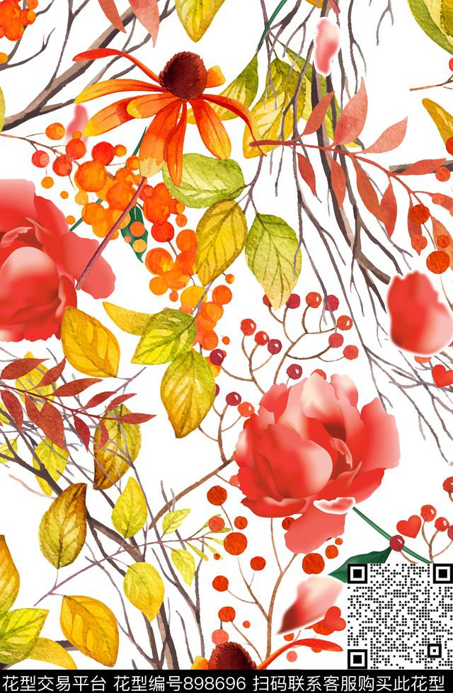 玫瑰花水彩花卉抽象传统印花华亿平台下载（图片编号: 898696） - 瓦栏（Walan）