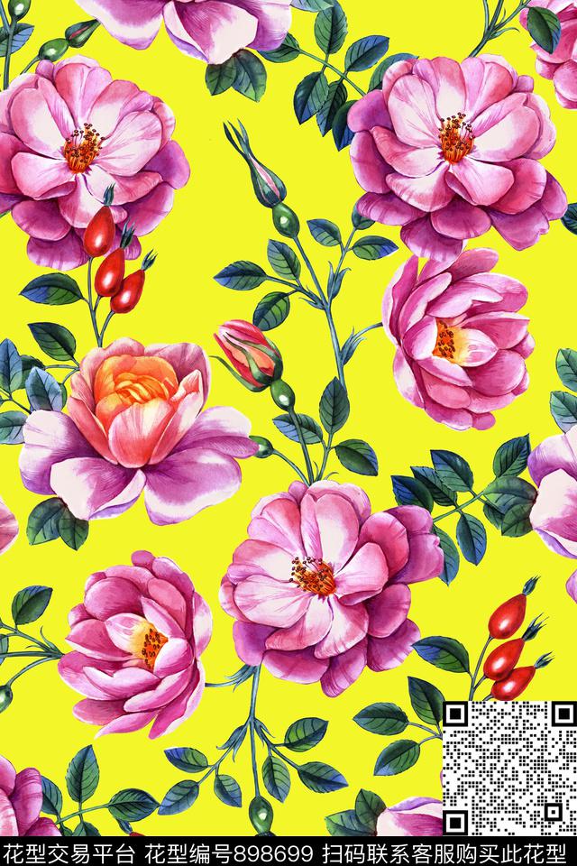 手绘花卉彩底花卉花枝花朵数码印花华亿平台下载（图片编号: 898699） - 瓦栏（Walan）