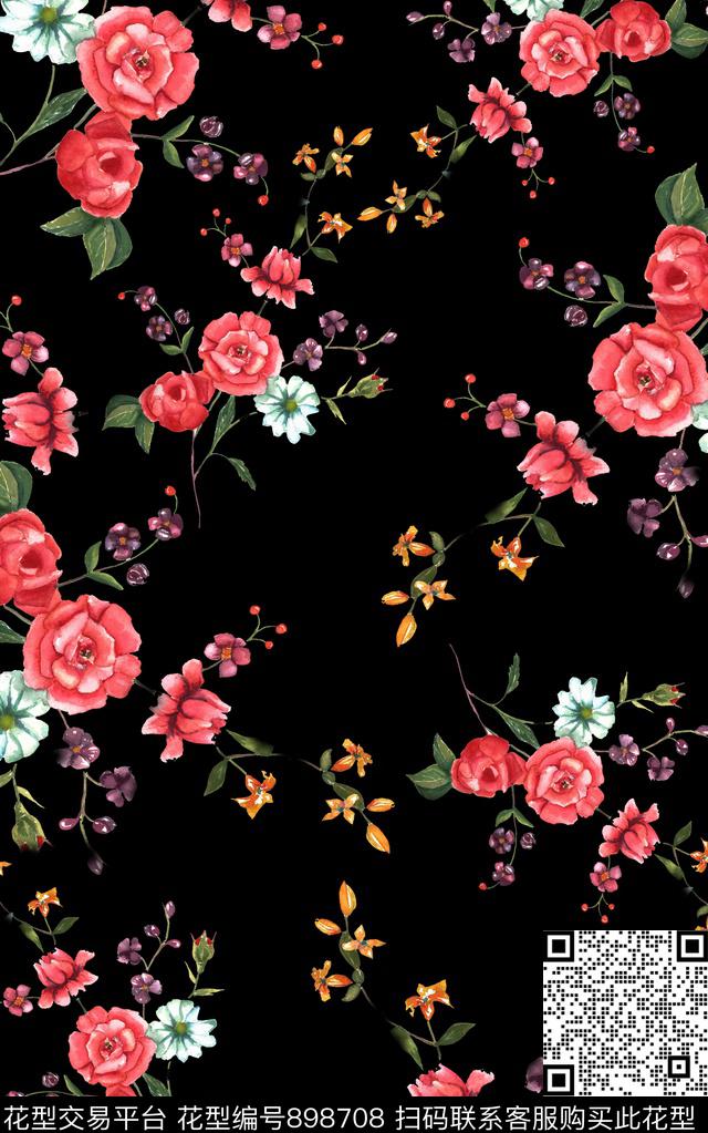 花卉黑底花男装满版花数码印花华亿平台下载（图片编号: 898708） - 瓦栏（Walan）