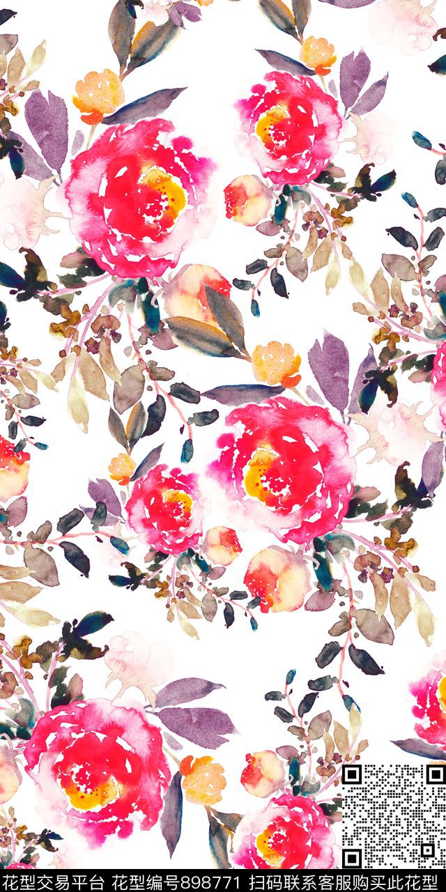 水彩花卉时尚大气春夏款数码印花华亿平台下载（图片编号: 898771） - 瓦栏（Walan）