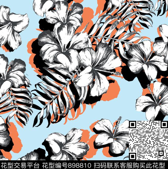 棕桐叶热带雨林花卉黑白线描花卉数码印花华亿平台下载（图片编号: 898810） - 瓦栏（Walan）