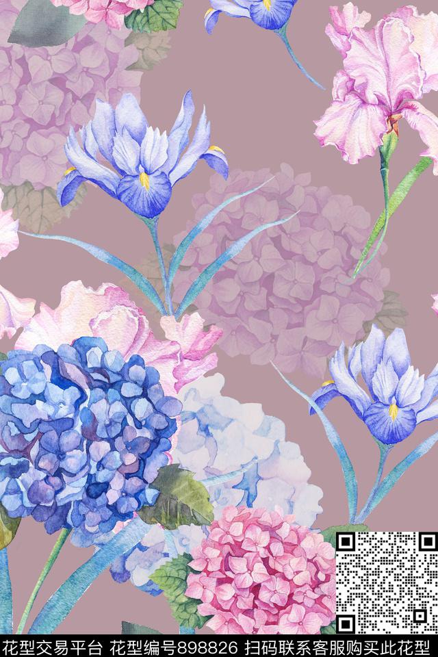 鲜花绣球花鸢尾花数码印花华亿平台下载（图片编号: 898826） - 瓦栏（Walan）