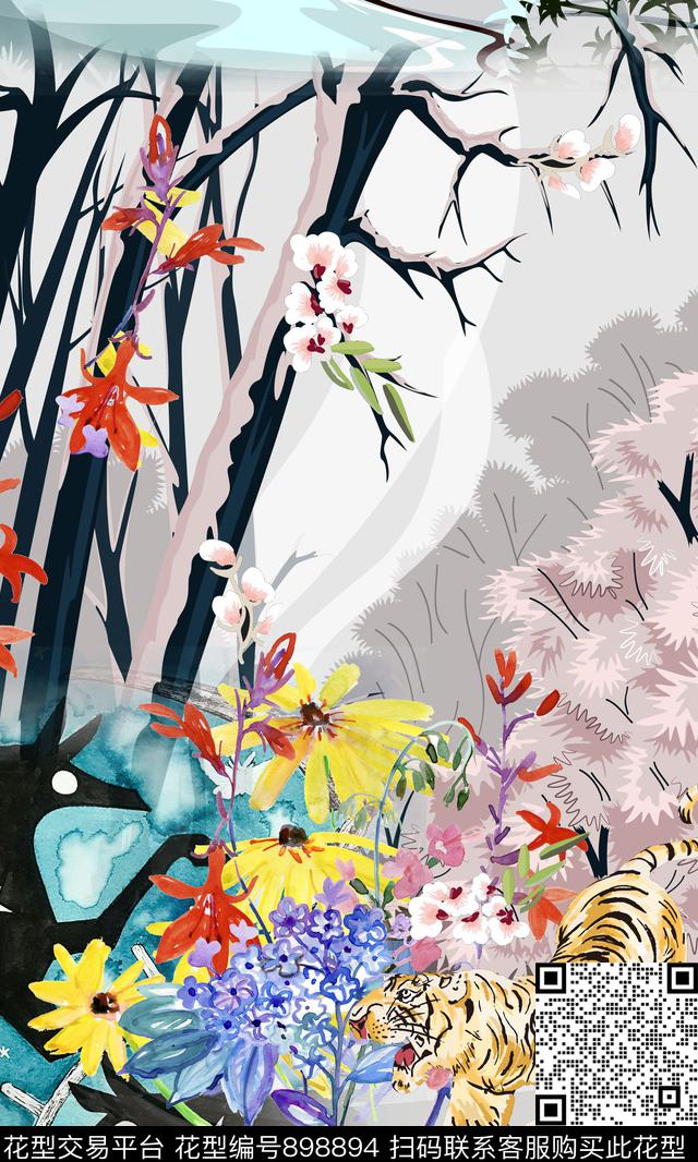 树枝老虎花卉数码印花华亿平台下载（图片编号: 898894） - 瓦栏（Walan）