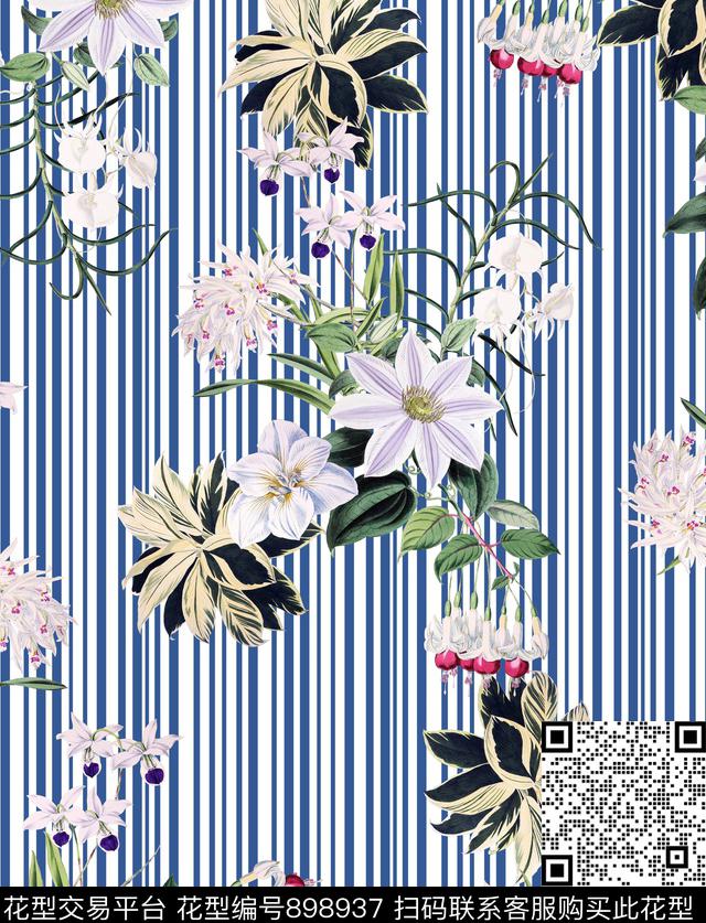 花卉线条手绘花卉数码印花华亿平台下载（图片编号: 898937） - 瓦栏（Walan）