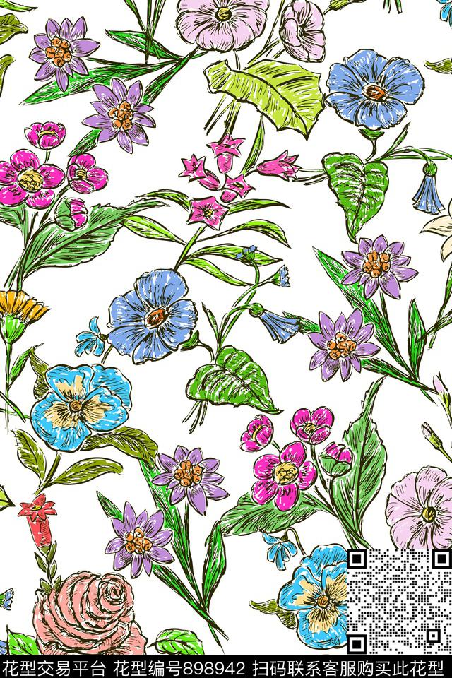 花卉田园植物数码印花华亿平台下载（图片编号: 898942） - 瓦栏（Walan）