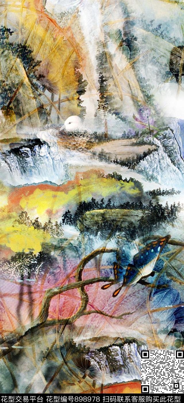 风景定位蝴蝶国画数码印花华亿平台下载（图片编号: 898978） - 瓦栏（Walan）