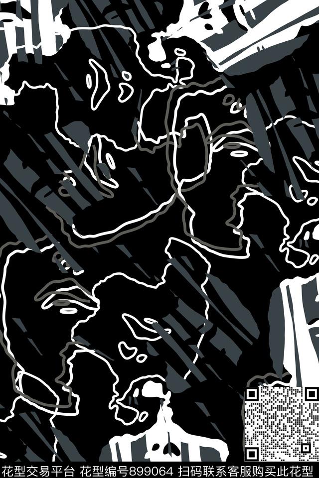 抽象男装线条画人物传统印花华亿平台下载（图片编号: 899064） - 瓦栏（Walan）
