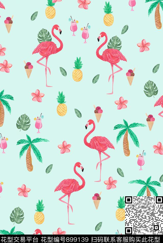 火烈鸟热带菠萝传统印花华亿平台下载（图片编号: 899139） - 瓦栏（Walan）