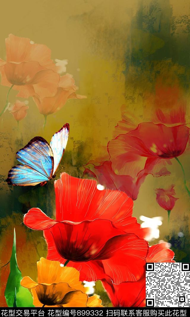 虞美人蝴蝶定位花数码印花华亿平台下载（图片编号: 899332） - 瓦栏（Walan）