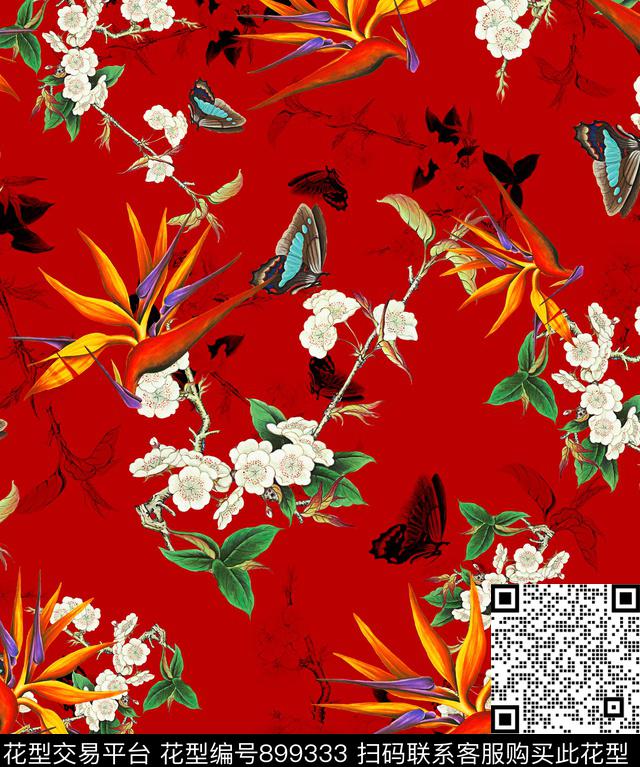 桃花蝴蝶花鸟数码印花华亿平台下载（图片编号: 899333） - 瓦栏（Walan）