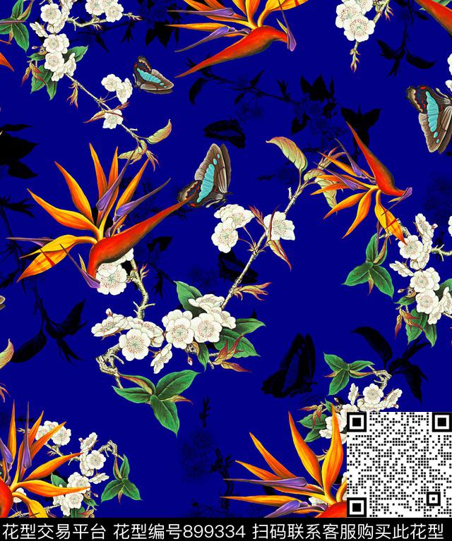 桃花蝴蝶花鸟数码印花华亿平台下载（图片编号: 899334） - 瓦栏（Walan）