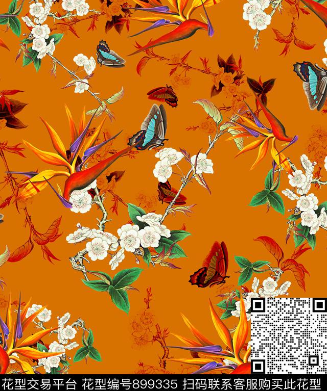 桃花蝴蝶花鸟数码印花华亿平台下载（图片编号: 899335） - 瓦栏（Walan）