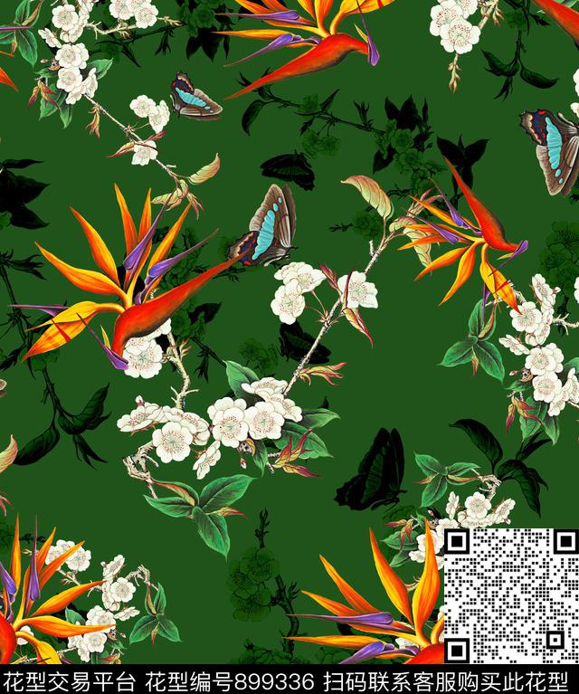 桃花蝴蝶花鸟数码印花华亿平台下载（图片编号: 899336） - 瓦栏（Walan）