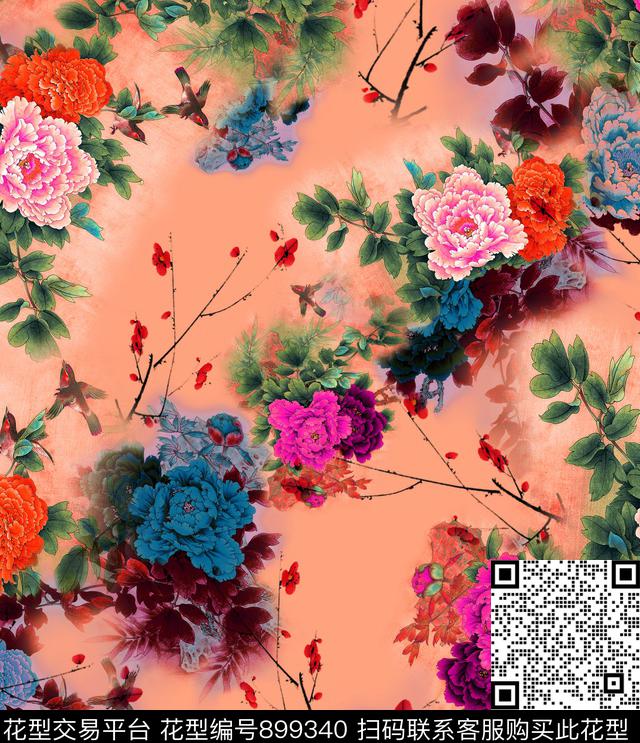 梅花鸟国画花卉数码印花华亿平台下载（图片编号: 899340） - 瓦栏（Walan）