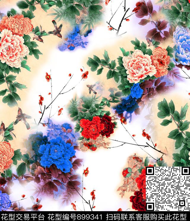 梅花鸟国画花卉数码印花华亿平台下载（图片编号: 899341） - 瓦栏（Walan）