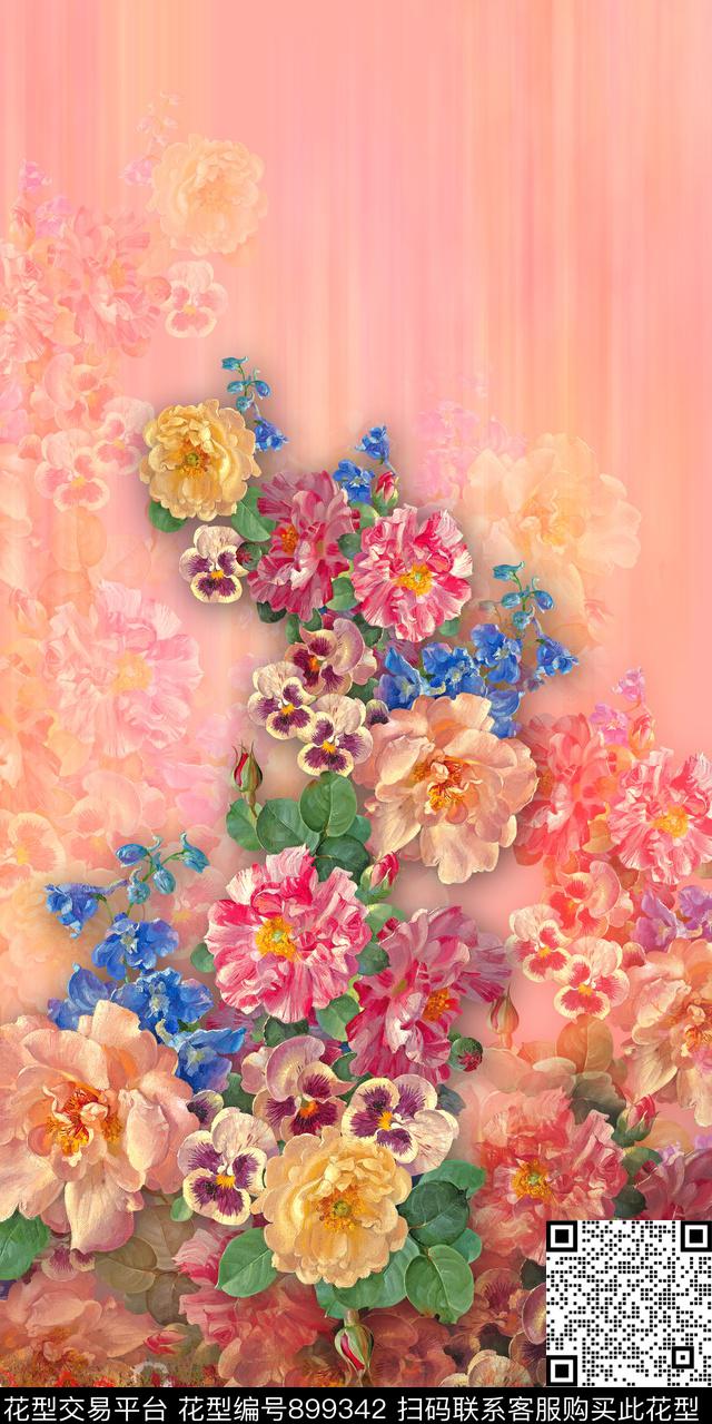 花卉手绘花卉定位花数码印花华亿平台下载（图片编号: 899342） - 瓦栏（Walan）