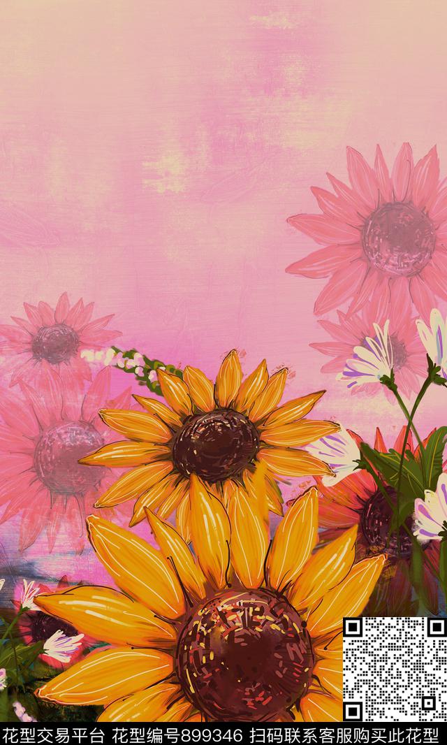 向日葵花卉香云纱数码印花华亿平台下载（图片编号: 899346） - 瓦栏（Walan）