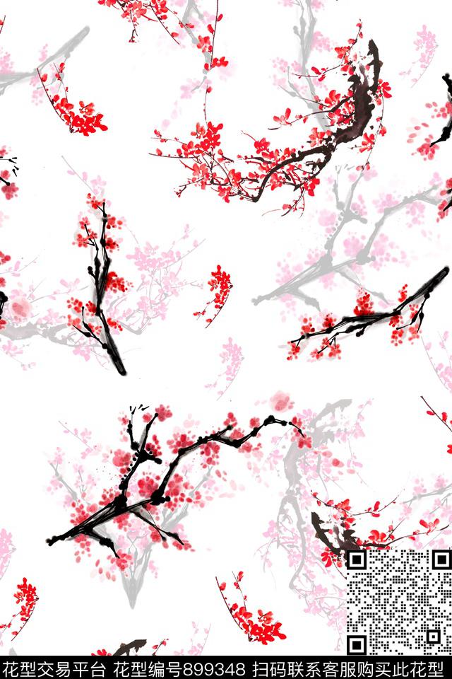 梅花花卉手绘花卉数码印花华亿平台下载（图片编号: 899348） - 瓦栏（Walan）