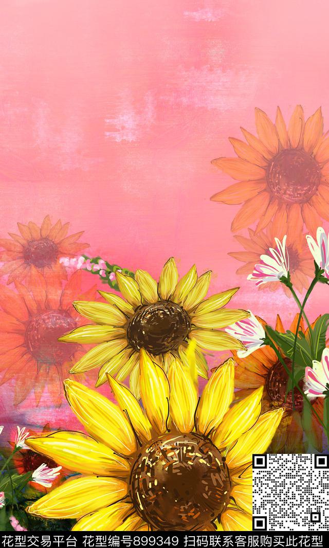 向日葵花卉香云纱数码印花华亿平台下载（图片编号: 899349） - 瓦栏（Walan）