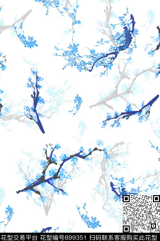 梅花花卉手绘花卉数码印花华亿平台下载（图片编号: 899351） - 瓦栏（Walan）