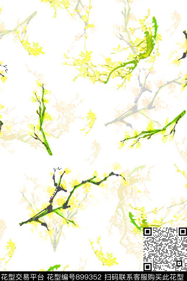 梅花花卉手绘花卉数码印花华亿平台下载（图片编号: 899352） - 瓦栏（Walan）