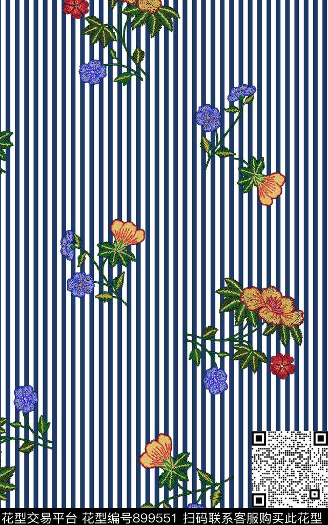 条纹花卉绣花传统印花华亿平台下载（图片编号: 899551） - 瓦栏（Walan）