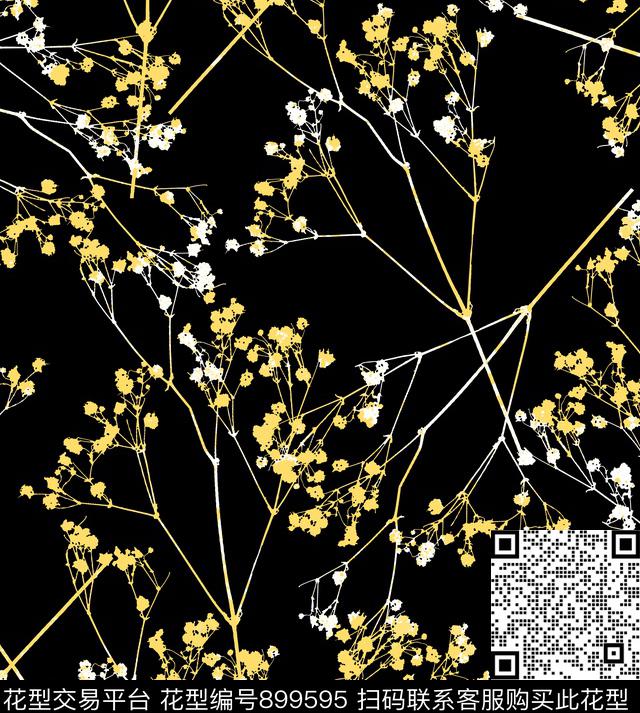 满天星花卉黑白剪影素雅田园风数码印花华亿平台下载（图片编号: 899595） - 瓦栏（Walan）