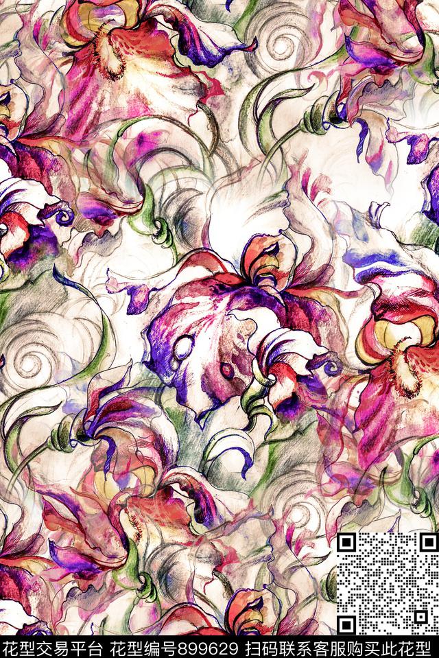 花卉手绘花卉水彩花卉数码印花华亿平台下载（图片编号: 899629） - 瓦栏（Walan）