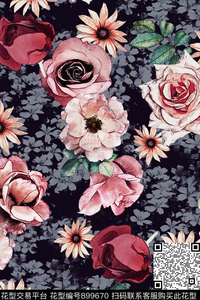 手绘花卉女裙中老年数码印花华亿平台下载（图片编号: 899670） - 瓦栏（Walan）