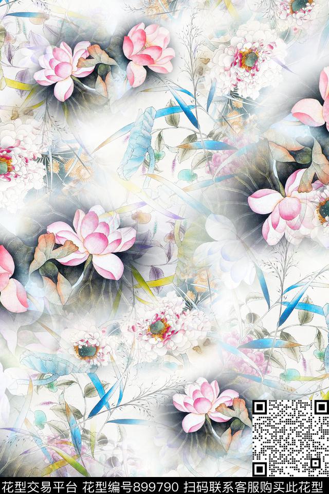 荷花朦胧花卉水墨风数码印花华亿平台下载（图片编号: 899790） - 瓦栏（Walan）