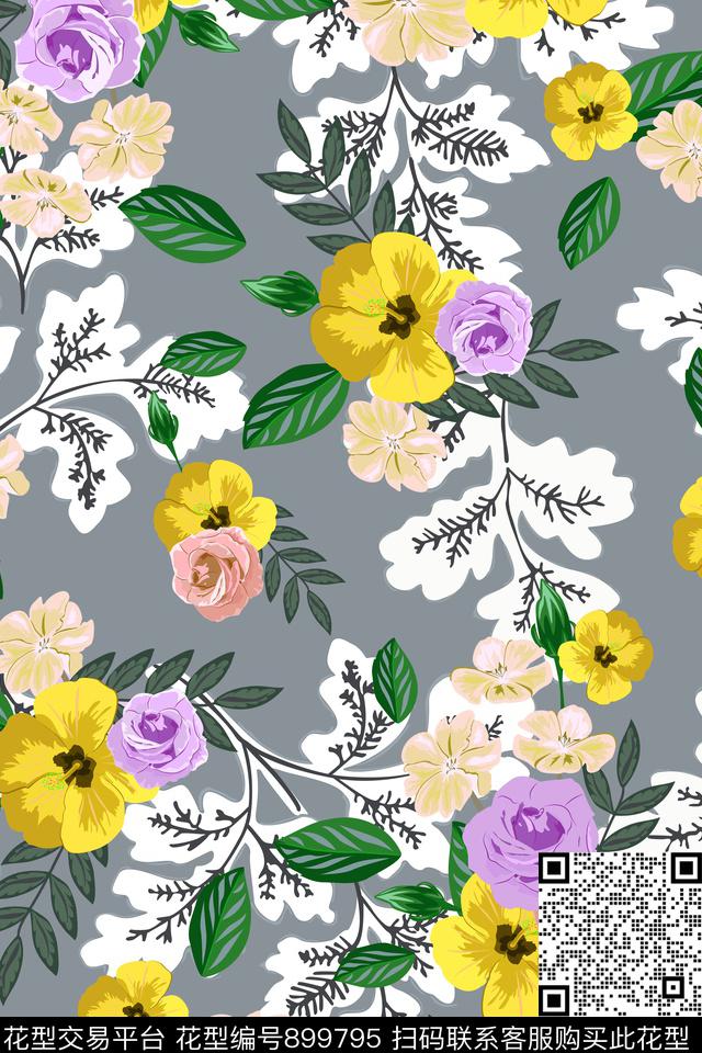 手绘花卉素雅白色叶子数码印花华亿平台下载（图片编号: 899795） - 瓦栏（Walan）