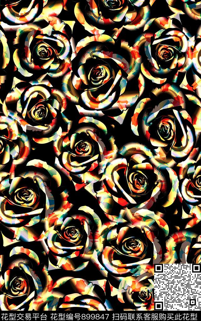 抽象花卉玫瑰花时尚写意数码印花华亿平台下载（图片编号: 899847） - 瓦栏（Walan）