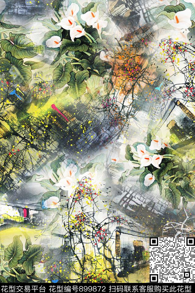 水墨风国画朦胧水墨数码印花华亿平台下载（图片编号: 899872） - 瓦栏（Walan）