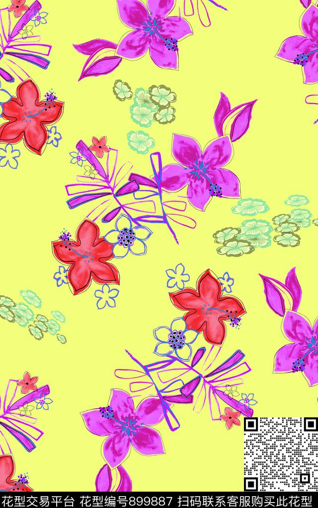 休闲花卉抽象花卉数码印花华亿平台下载（图片编号: 899887） - 瓦栏（Walan）