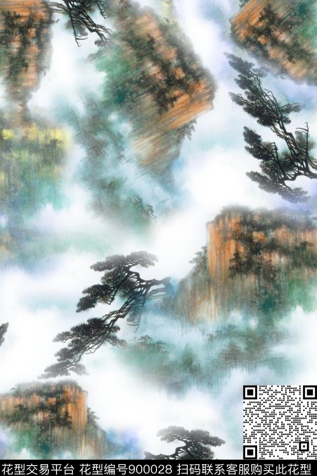 水墨风国画中国风数码印花华亿平台下载（图片编号: 900028） - 瓦栏（Walan）