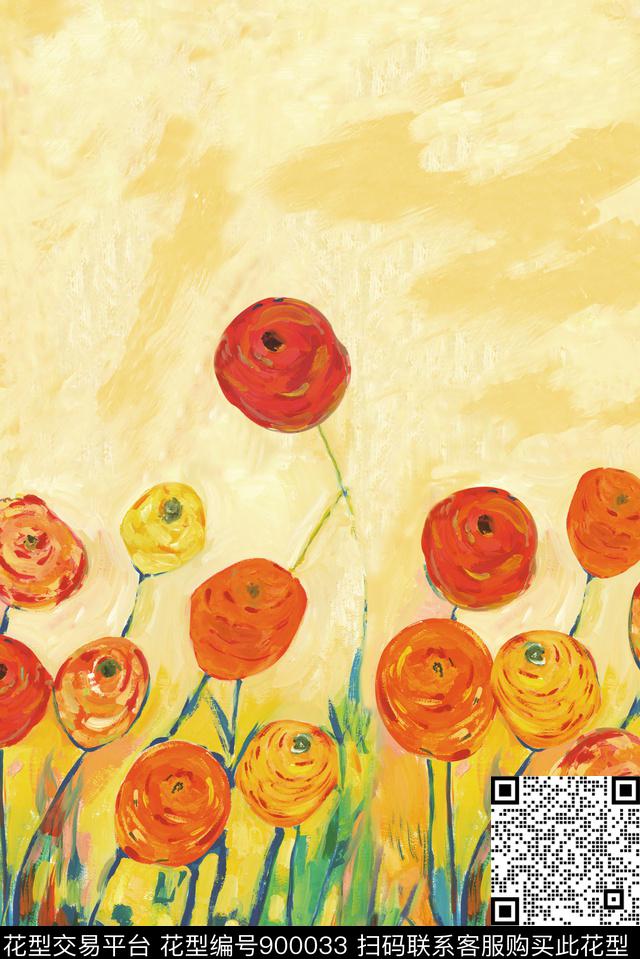 手绘花卉定位花数码印花华亿平台下载（图片编号: 900033） - 瓦栏（Walan）