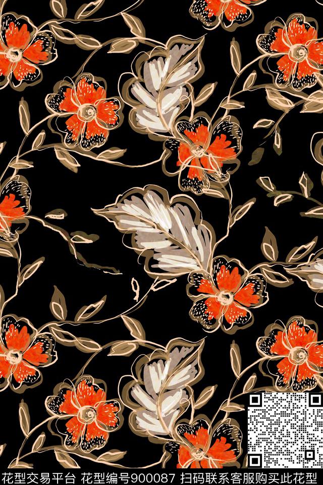 手绘花卉线条花卉美国风传统印花华亿平台下载（图片编号: 900087） - 瓦栏（Walan）
