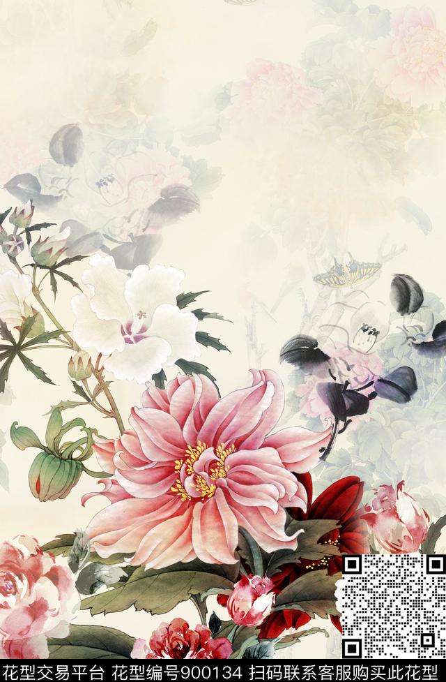 中国风定位花国画数码印花华亿平台下载（图片编号: 900134） - 瓦栏（Walan）