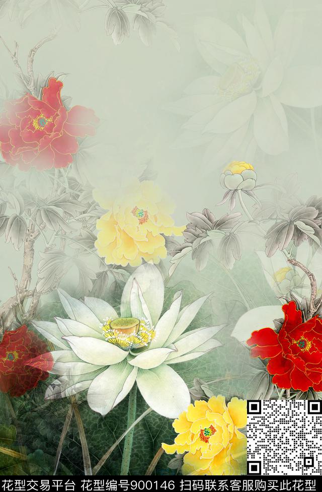 中国风定位花国画数码印花华亿平台下载（图片编号: 900146） - 瓦栏（Walan）