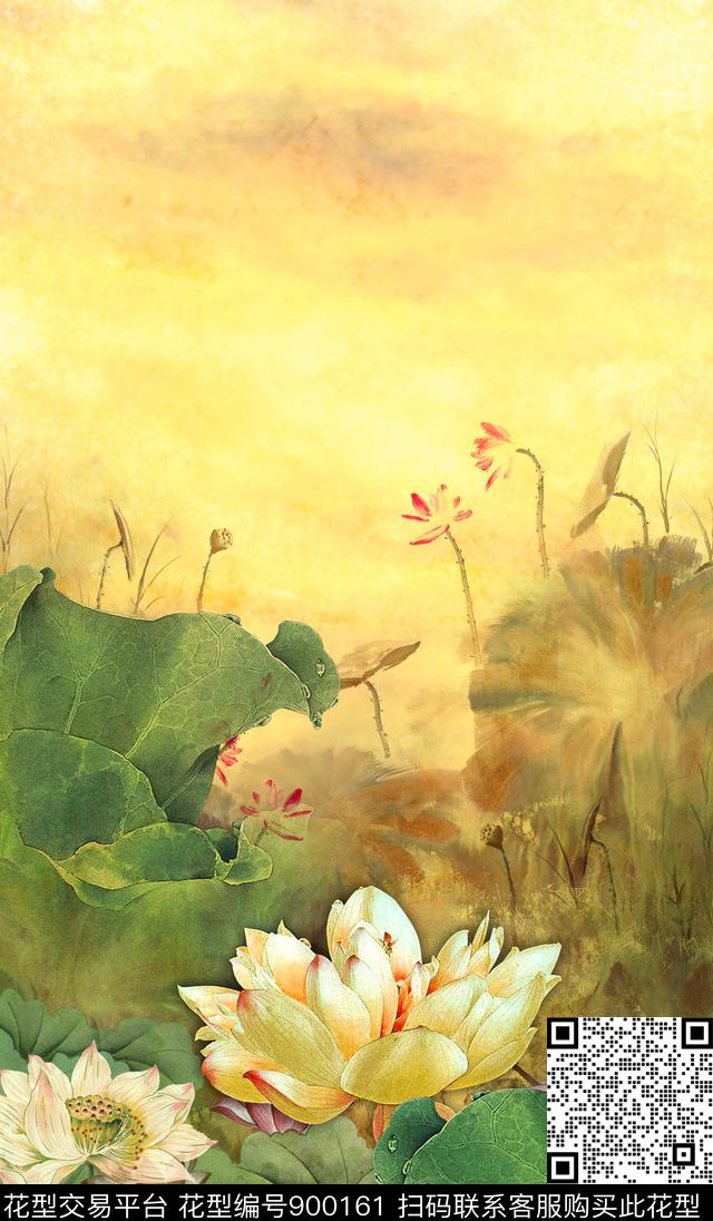 荷花中国风定位花中国风数码印花华亿平台下载（图片编号: 900161） - 瓦栏（Walan）