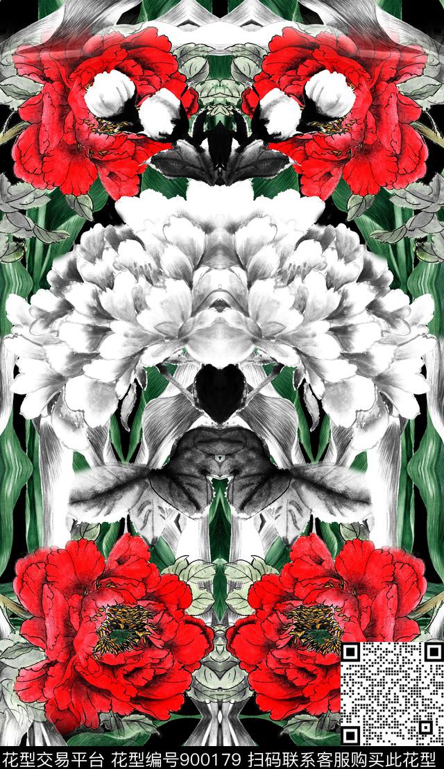 牡丹复古手绘花卉数码印花华亿平台下载（图片编号: 900179） - 瓦栏（Walan）