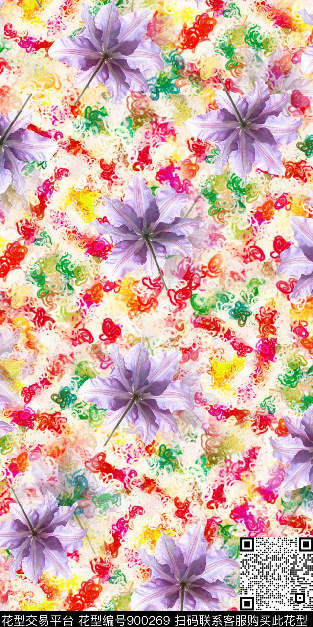 玉兰花紫色花花卉数码印花华亿平台下载（图片编号: 900269） - 瓦栏（Walan）