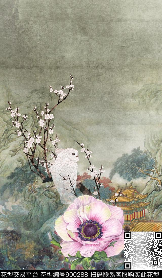 中国风定位花中国风旗袍数码印花华亿平台下载（图片编号: 900288） - 瓦栏（Walan）