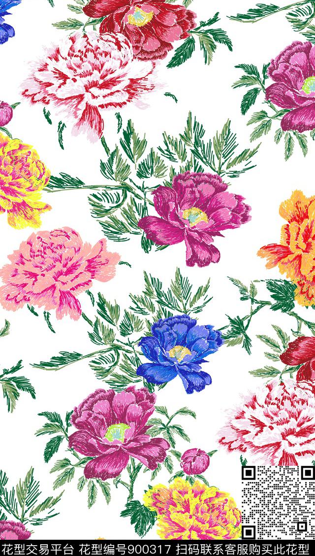 花卉年轻时尚彩色花传统印花华亿平台下载（图片编号: 900317） - 瓦栏（Walan）
