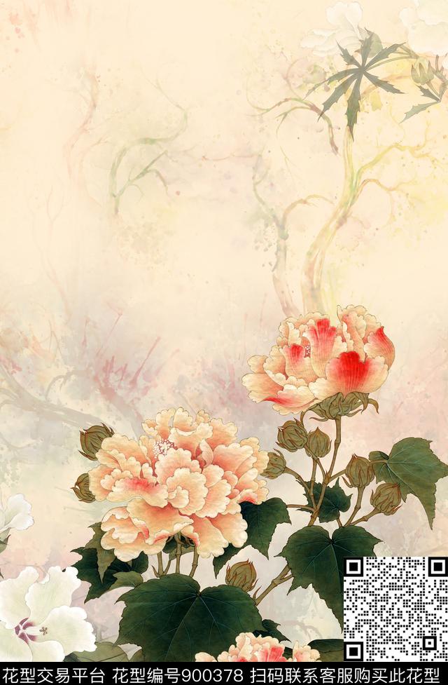 定位花国画花卉数码印花华亿平台下载（图片编号: 900378） - 瓦栏（Walan）