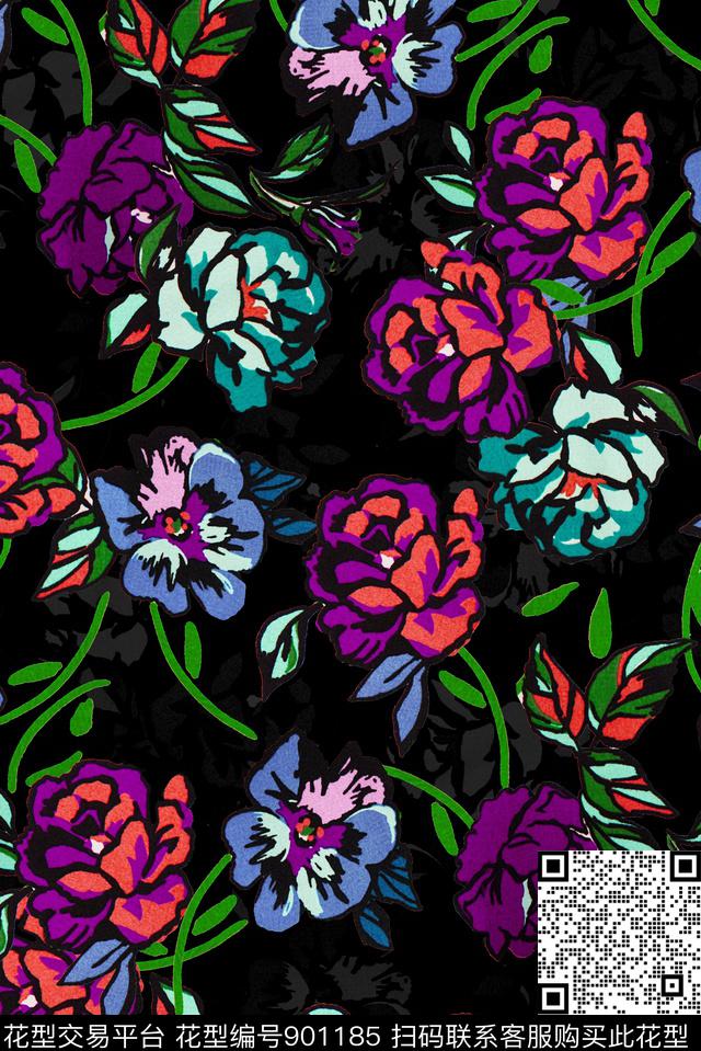 花卉色块花朵传统华亿平台数码印花华亿平台下载（图片编号: 901185） - 瓦栏（Walan）